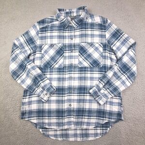 Eddie Bauer Shirt Womens Medium Blue Plaid Flannel Long Sleeve Hemp Cotton Blend